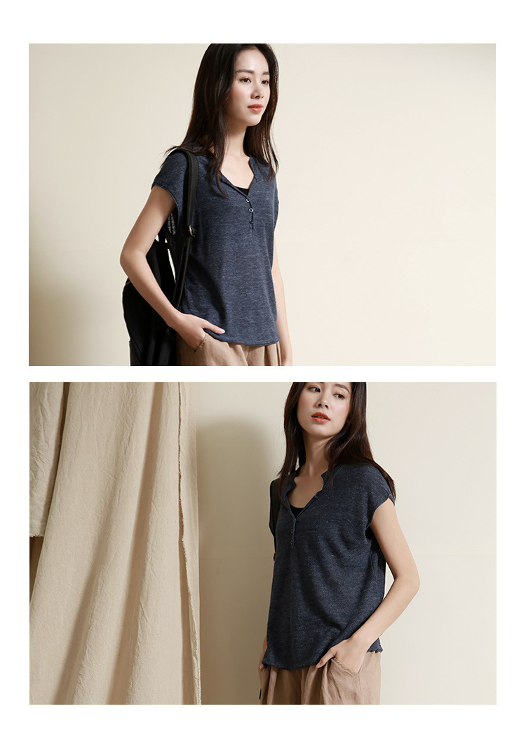春夏季新款天丝亚麻清凉透气女v领文艺宽松短袖t恤针织衫详情15