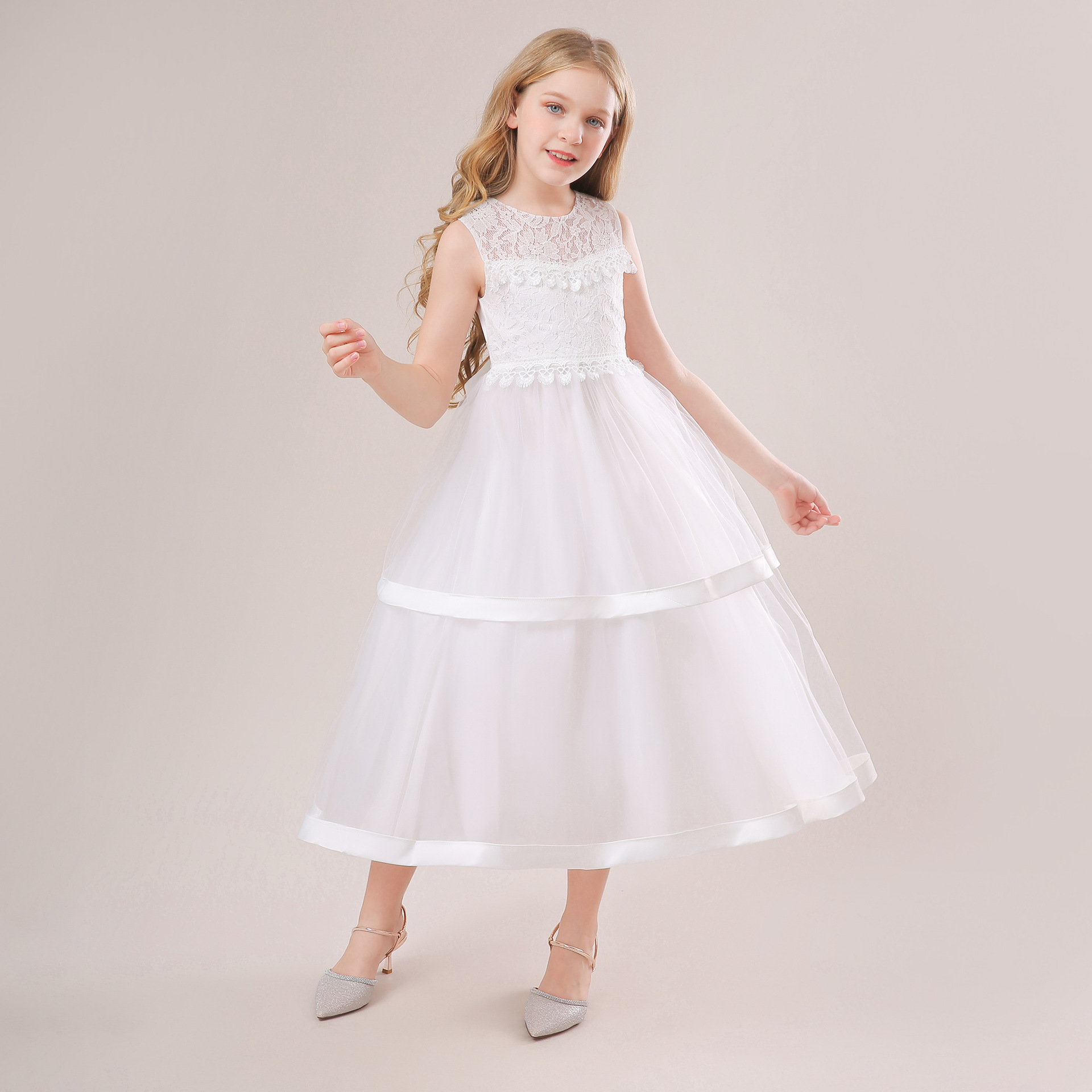 中大童蕾丝网纱长礼服女童钢琴演出服公主裙生日宴会晚礼服连衣裙