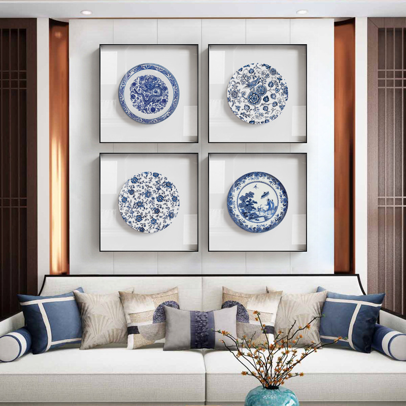 青釉 新中式客厅装饰画蓝色青花瓷玄关挂画风简约壁画