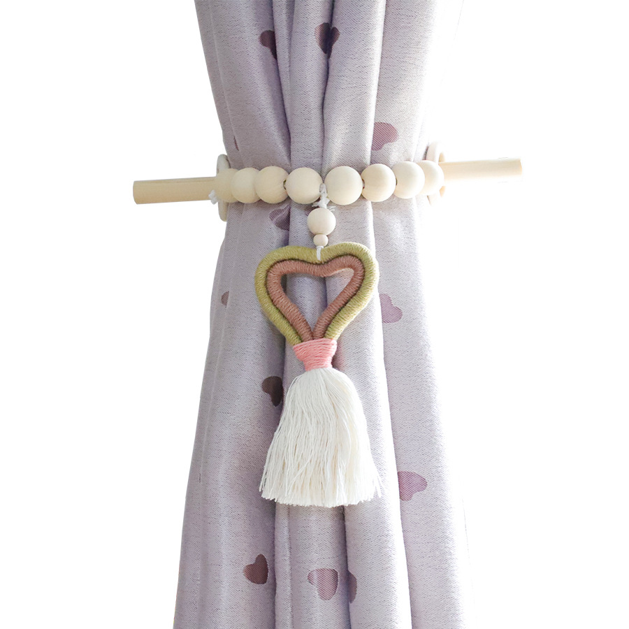 书房窗帘绳爱心带流苏窗帘绑绳 手工棉绳编织木珠带插销窗帘绑带