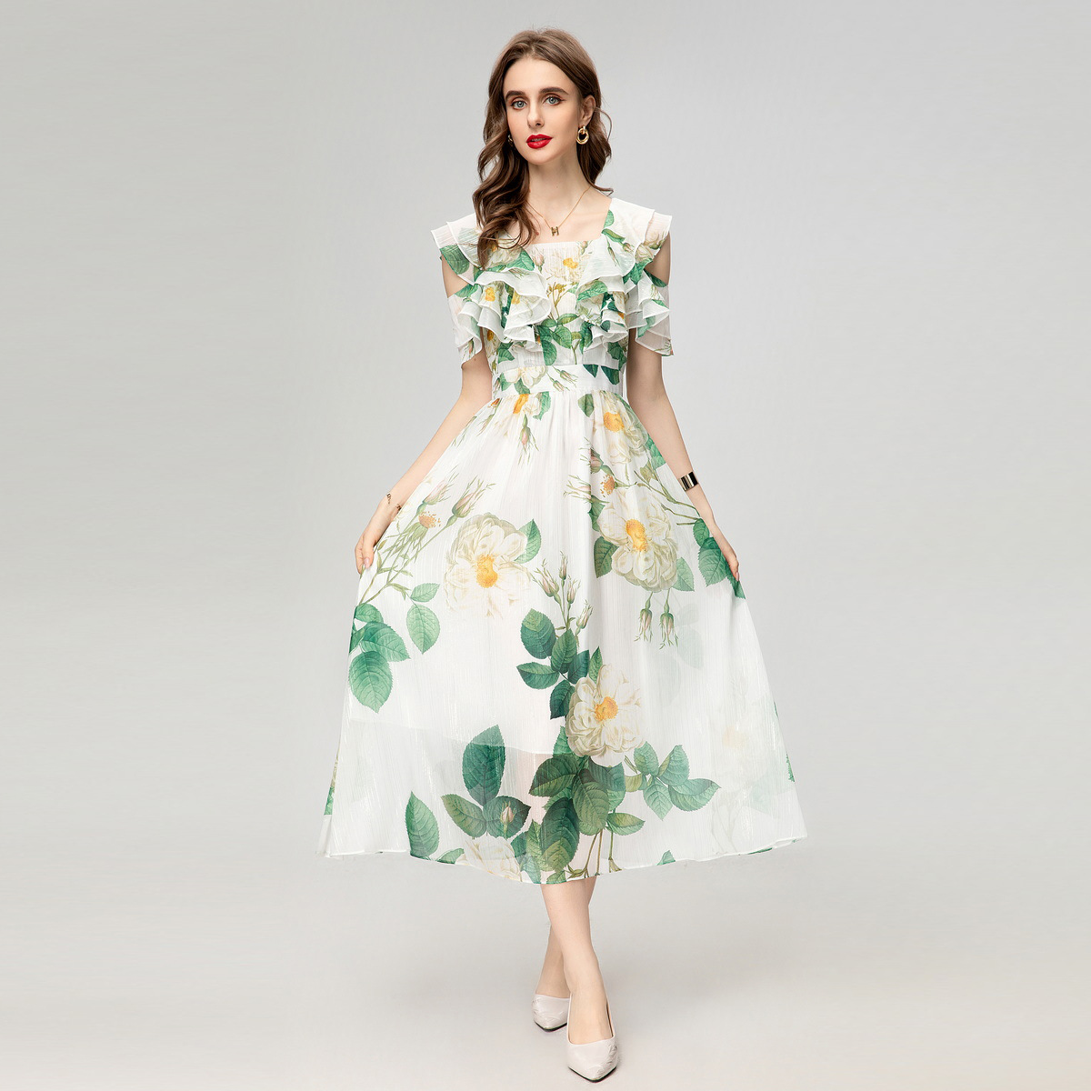 银丝大摆裙子白色2024夏季新款方领荷叶边印花连衣裙女 xxl dress