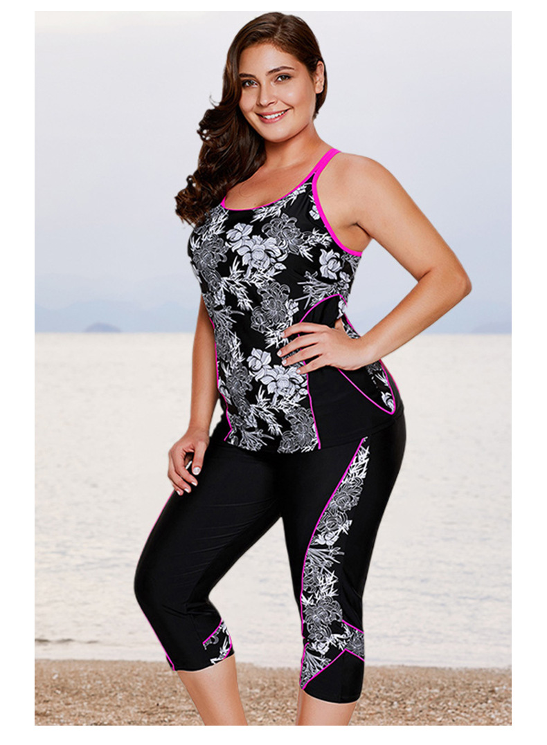 大码泳衣女欧美七分裤印花保守显瘦分体比基尼泳装410443