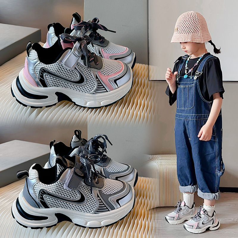 girls‘ shoes spring and summer 2024 new children‘s soft bottom lightweight dad shoes boys‘ mesh breathable sneakers