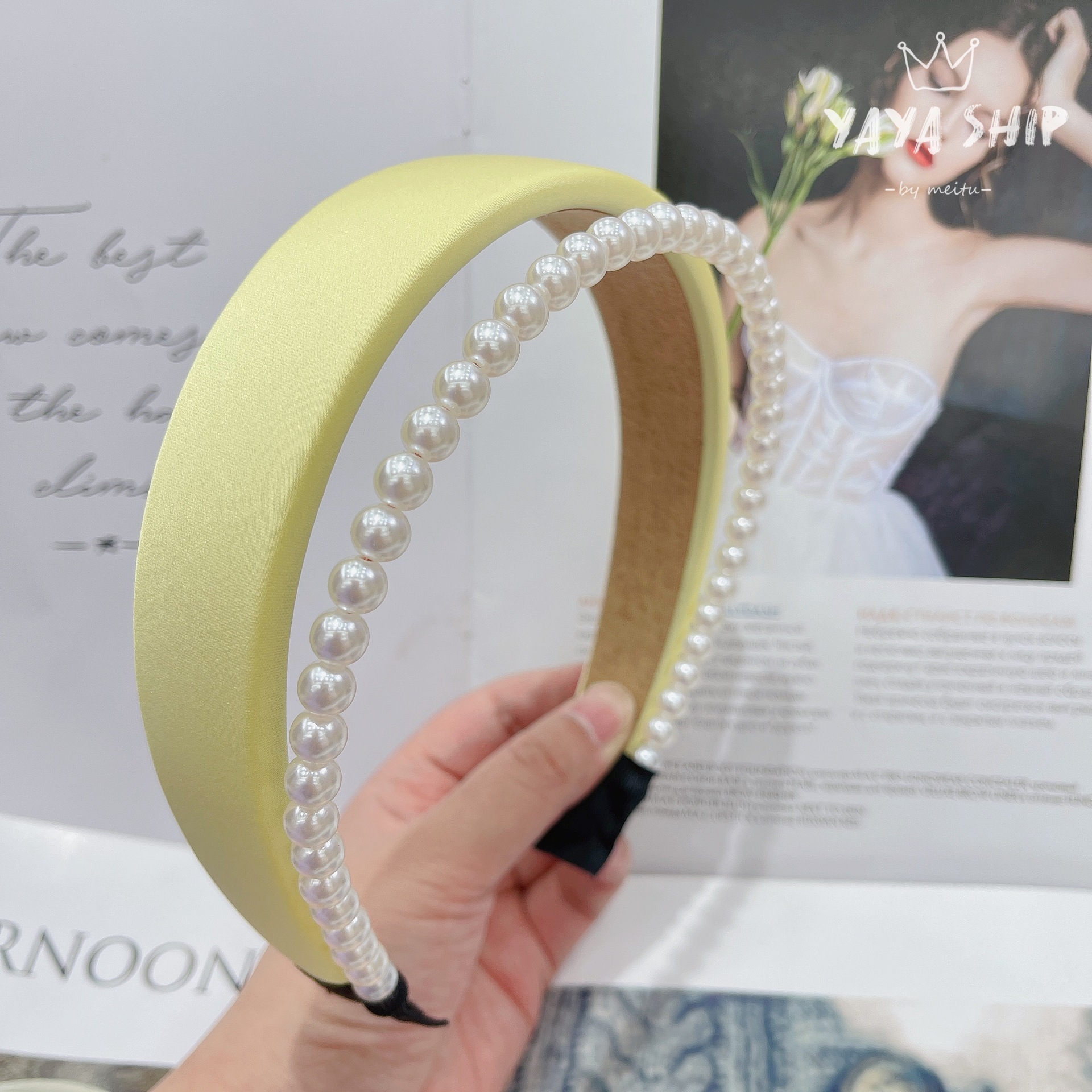 South Korea Dongdaemun Wide-Brimmed Sponge Satin Solid Color Live Broadcast Internet Celebrity High-End Spring Pearl Headband Factory Wholesale