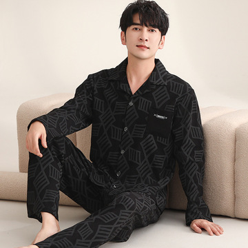 男士睡衣秋季棉质长袖中青年大码秋冬宽松休闲开衫春秋家居服套装