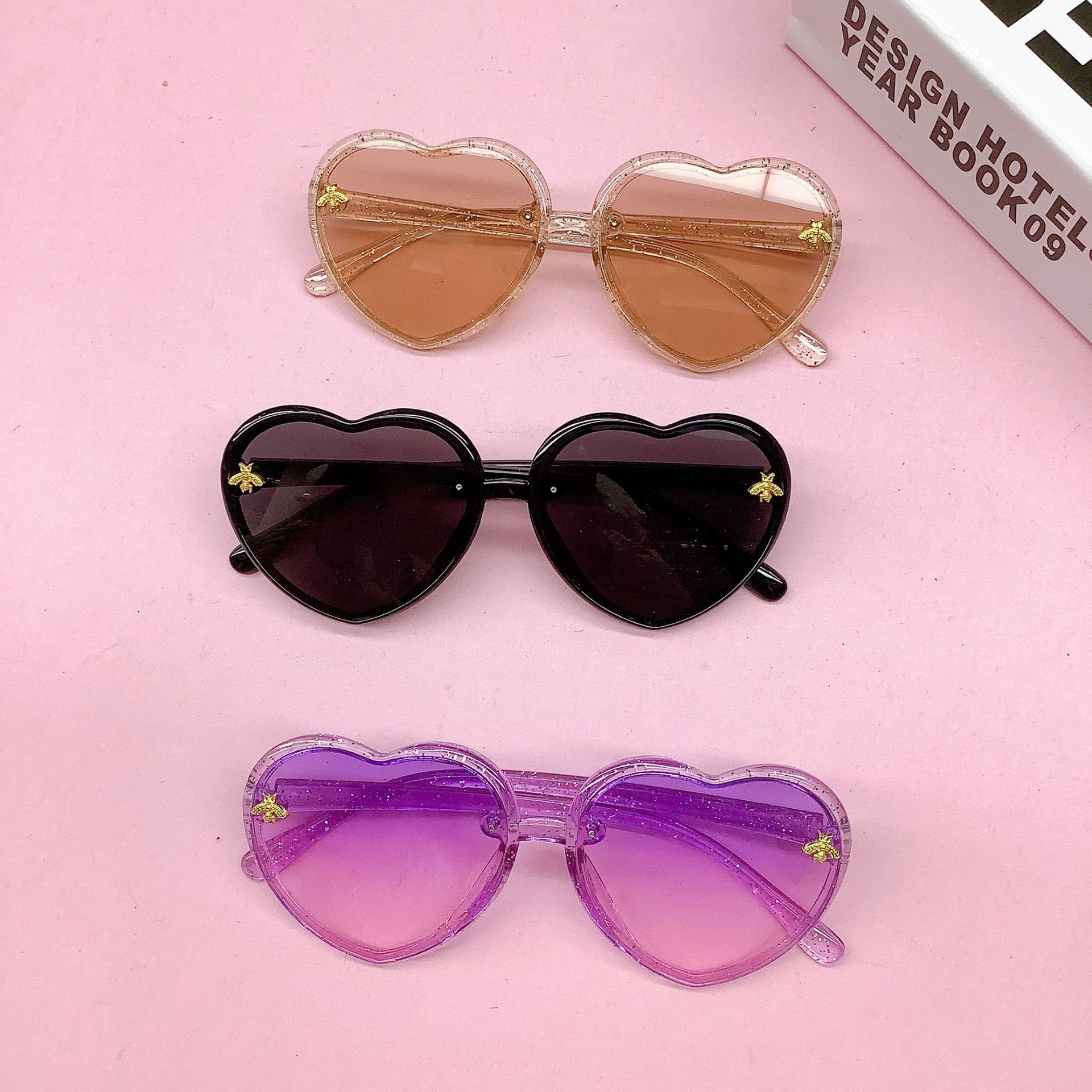 Fashion Bee Peach Heart Cute Kids Sunglasses Korean Cross-Border Trend Street Snap Baby Sunglasses round Face Sunglasses