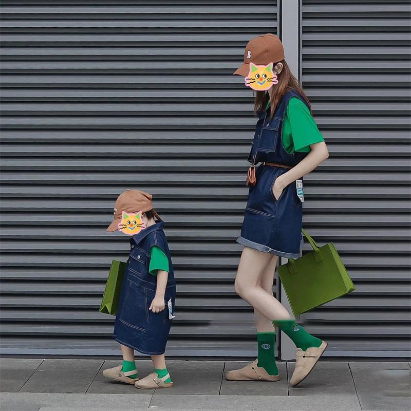 亲子装母子母子装夏款2024新款韩版儿子妈妈牛仔连体衣炸街套装