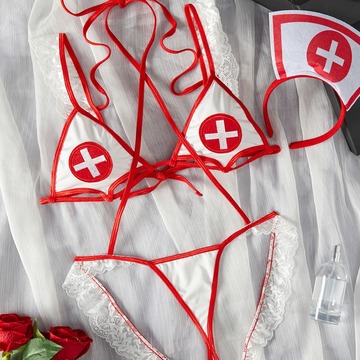 卡嘉诺刺绣网纱镂空欧美丁字裤纯欲护士服制服诱惑情趣内衣套装女