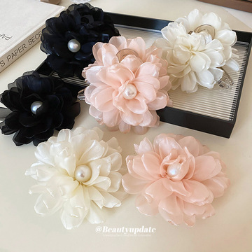 超仙花朵网纱珍珠发抓森系后脑勺盘发鲨鱼夹夏季氛围感发夹发饰女