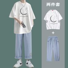 慵懒风短袖T恤男夏季宽松韩版设计感套装一套搭配帅气男装两件套