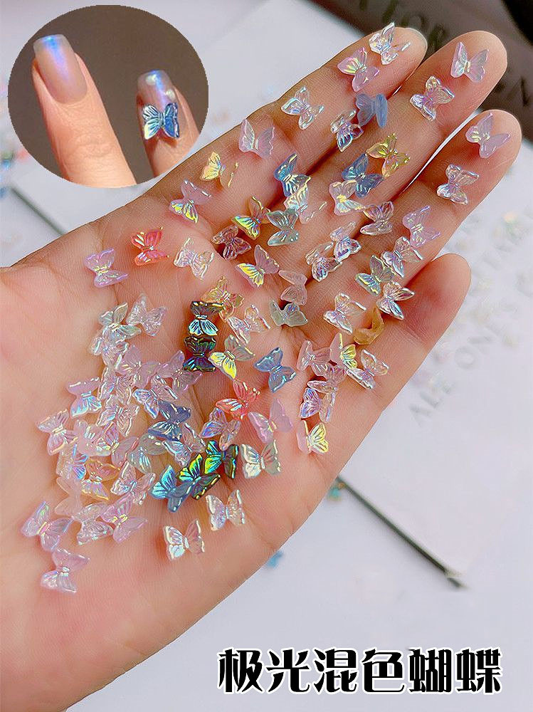美甲网红爆款极光蝴蝶立体幻彩冰透蝴蝶结指甲饰品小红书同款100