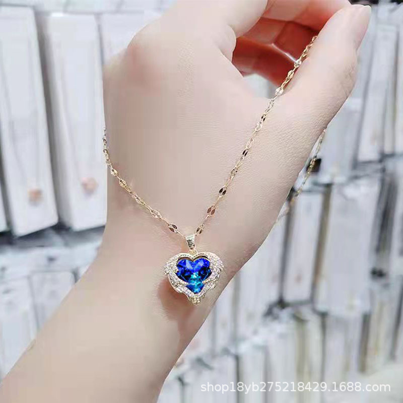 新款钛钢金色海洋之心项链女百搭韩版小众设计网红同款镶钻不掉色