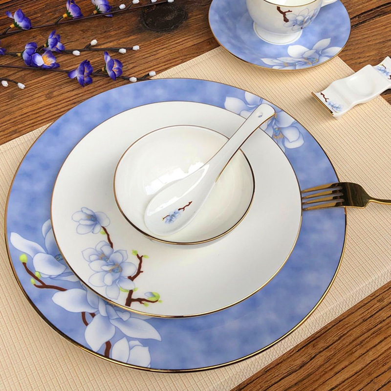 复古酒店用品餐具 中式餐厅创意陶瓷摆盘金边碗碟骨瓷摆台餐具
