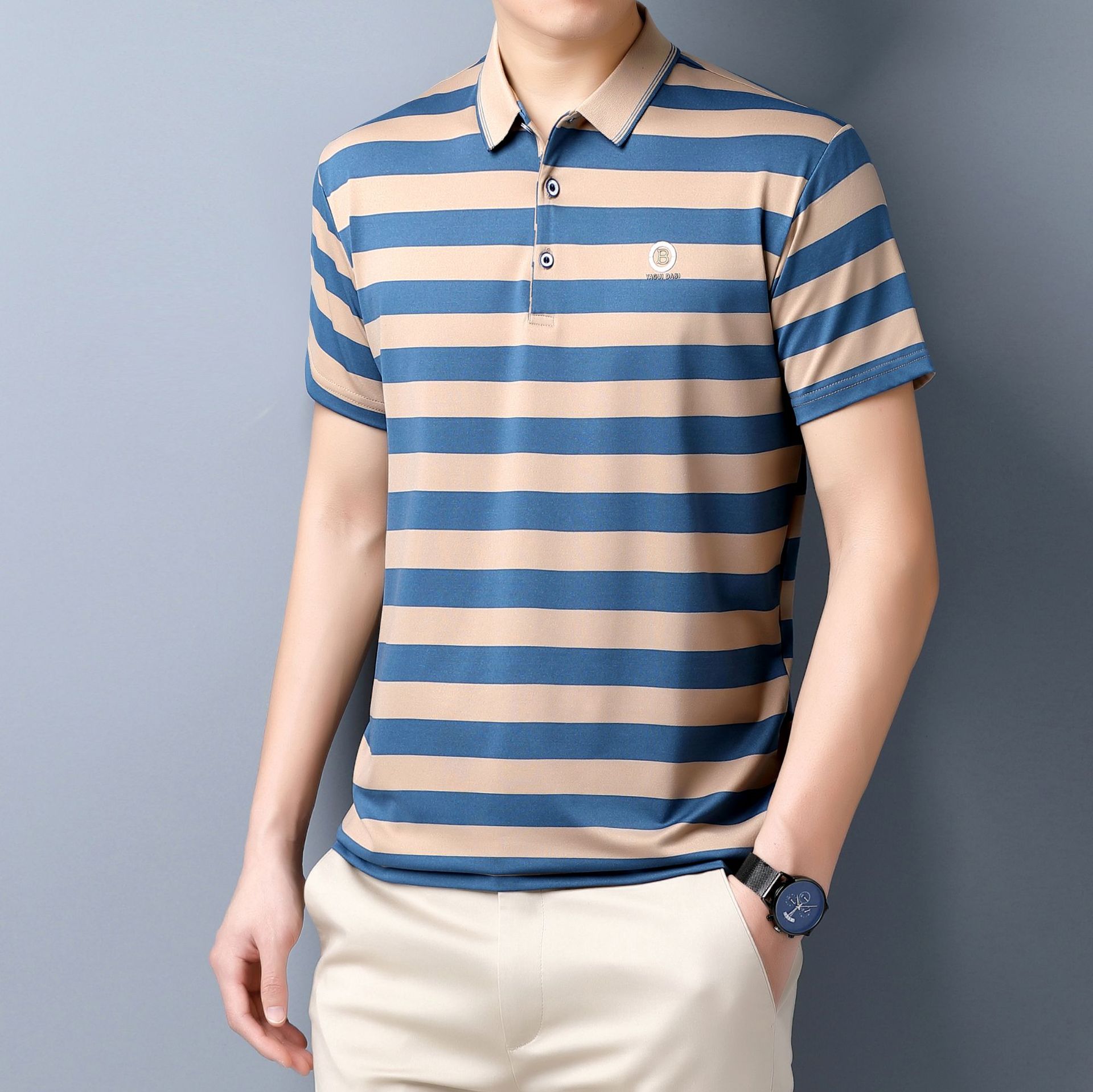 2024夏新款条纹短袖水洗t恤 中老年男士休闲爸爸装polo衫批发代发