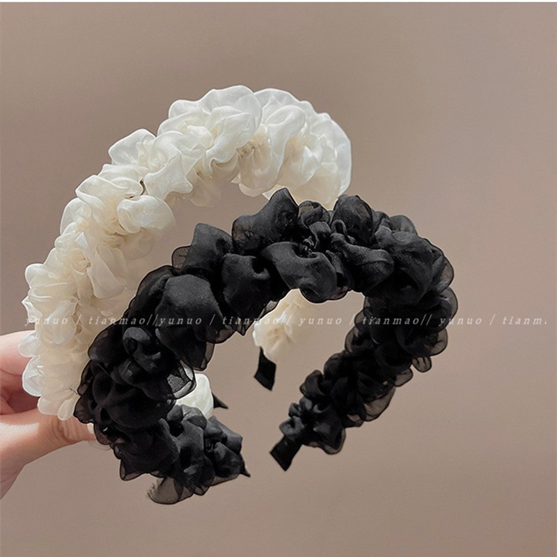 Korean Style Early Spring Fairy Beautiful Hair Accessories Temperament Mesh Pleated Headband Women's High Skull Top Face Washing out Headband Makes Face Look Smaller