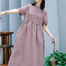 2023夏季文艺亚麻新中式短袖长款连衣裙高腰褶皱茶歇裙