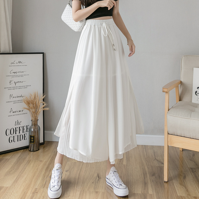 Real Shot Chiffon Wide-Leg Pants Women's 2024 Summer High Waist Culottes Loose Drooping Elegant Cropped Pleated Divided Skirt Women Clothes