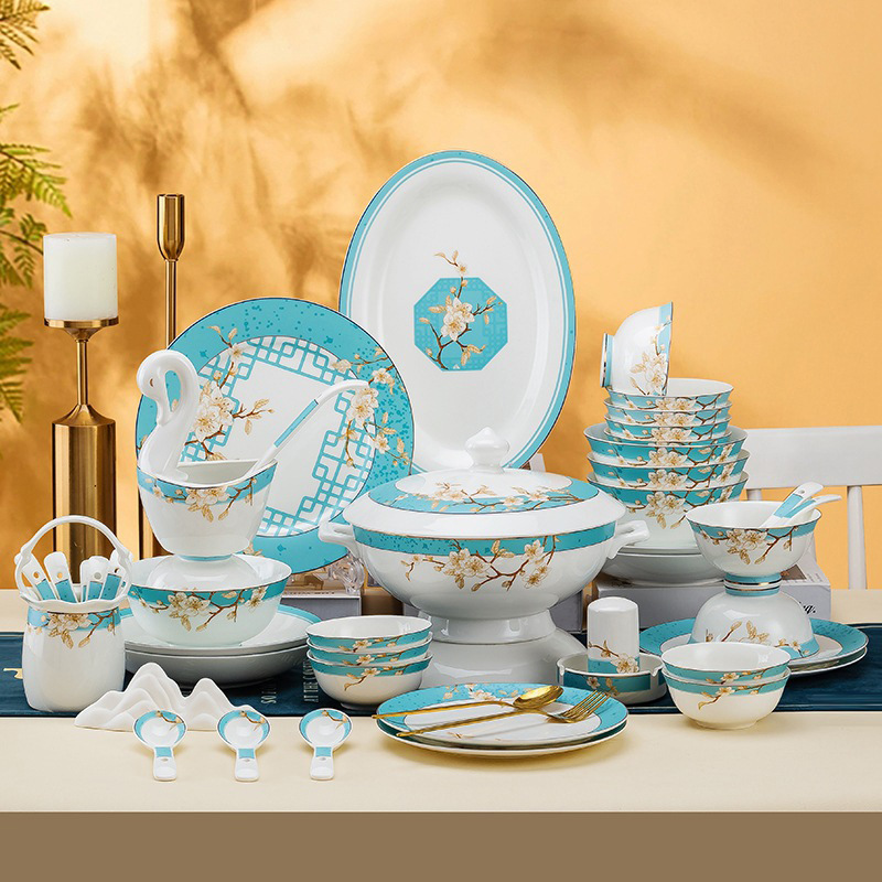 新品轻奢中国风骨瓷餐具套装碗盘家用中式高档景德镇碗碟礼品批发