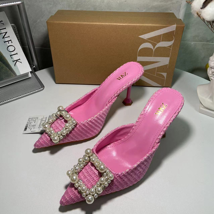 za新款粉色尖头高跟鞋女水砖方扣珍珠装饰露跟穆勒鞋后空凉鞋女