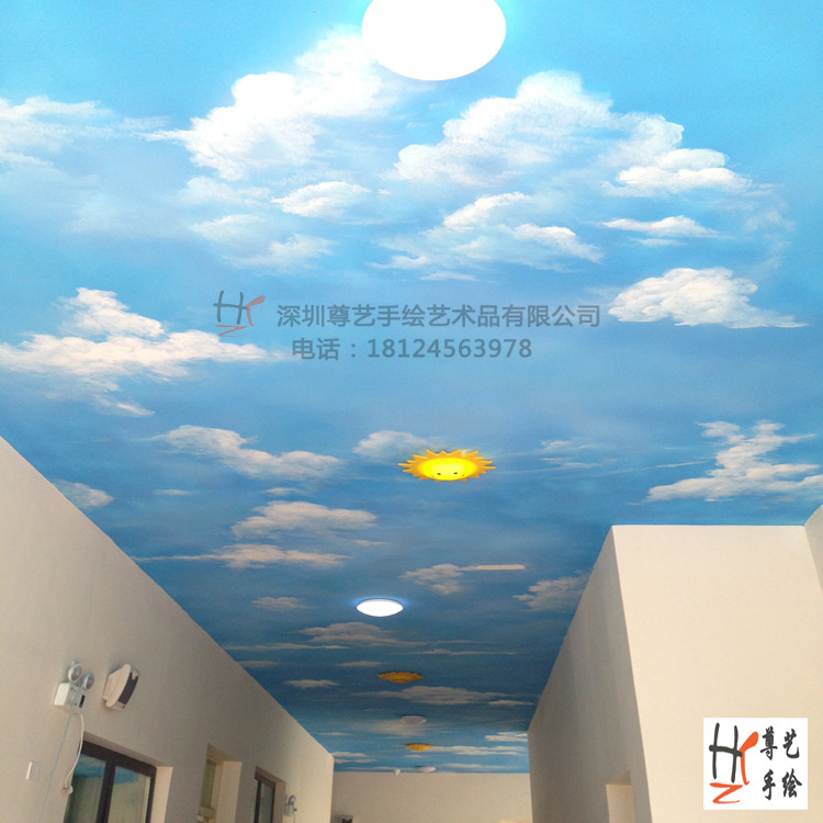 立体蓝天白云涂鸦医院儿科天顶壁画围墙手绘画学校墙画装修墙画
