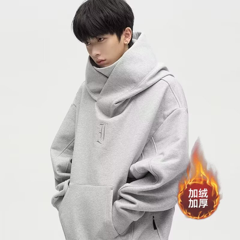 社恐i人卫衣男女重磅加绒高领连帽衫美式复古慵懒风情侣装外套男