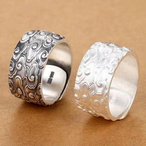 高档祥云镀银戒指男士宽大码泰银复古个性潮流做旧开口指环新款时
