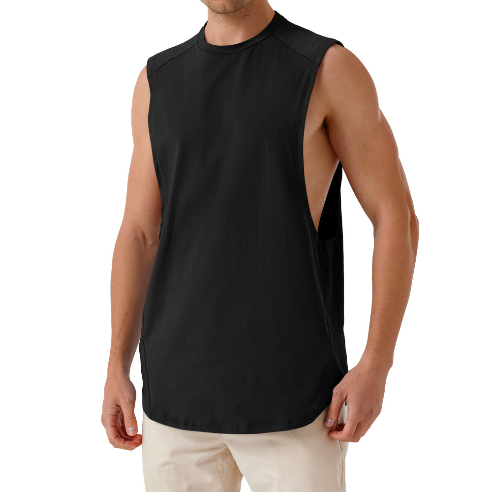 欧美健身无袖t恤圆领 2021个性潮流健身运动坎肩棉透气汗衫纯色