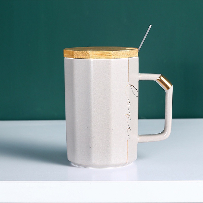 简约立体木盖陶瓷水杯子带盖带勺学院风办公室马克杯咖啡杯可定制