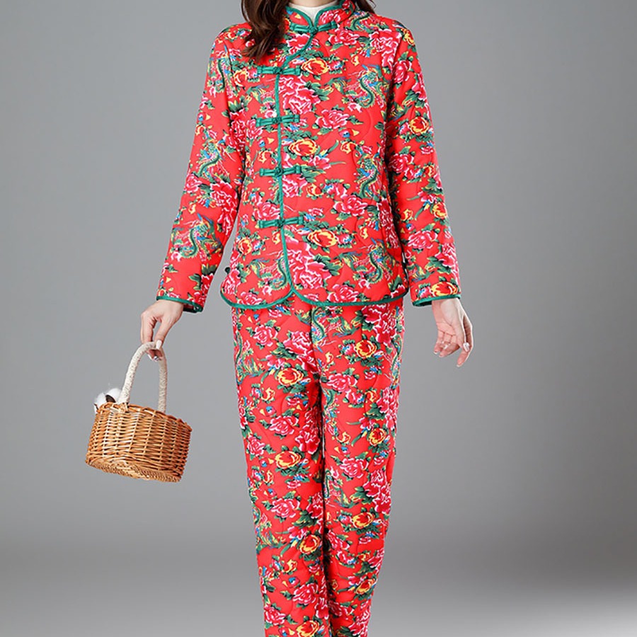 2023冬季新款国潮女装加厚棉裤中式复古盘扣东北大花长袖棉衣套装