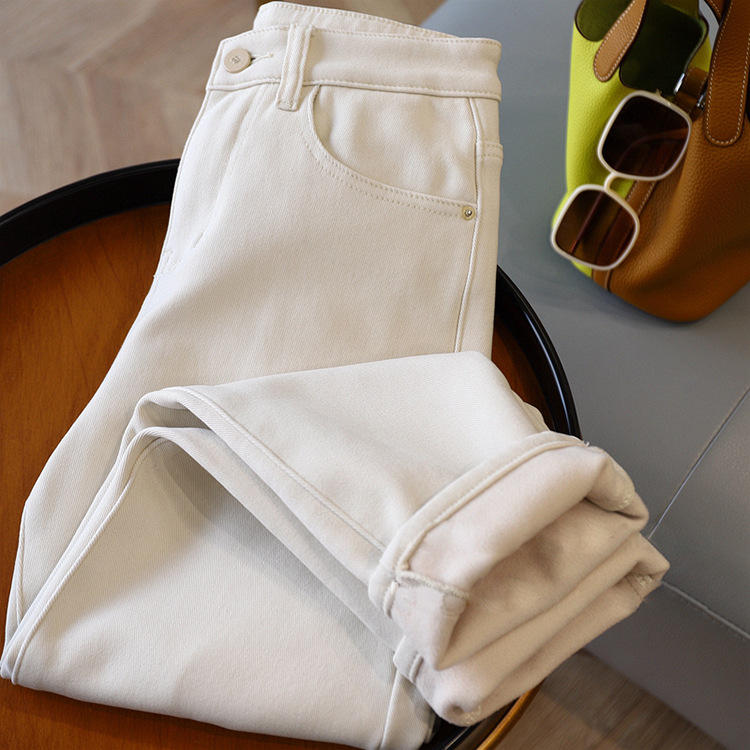 加绒小白裤!很少见!高腰米白色锥形哈伦牛仔裤女冬