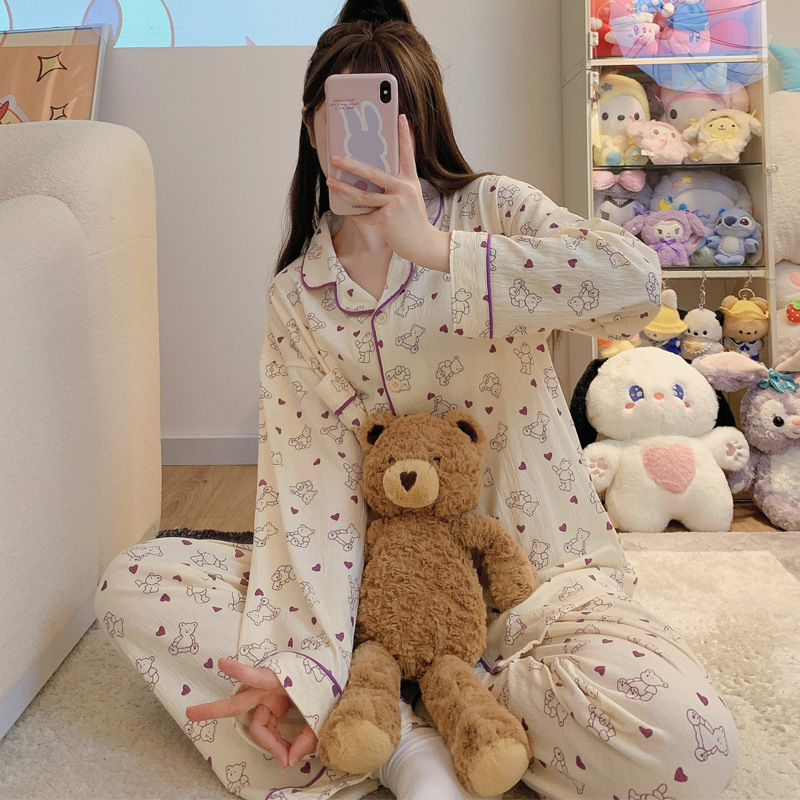 睡衣女春秋季可爱长袖套装韩式棉纱皱布卡通开衫家居服两件套装