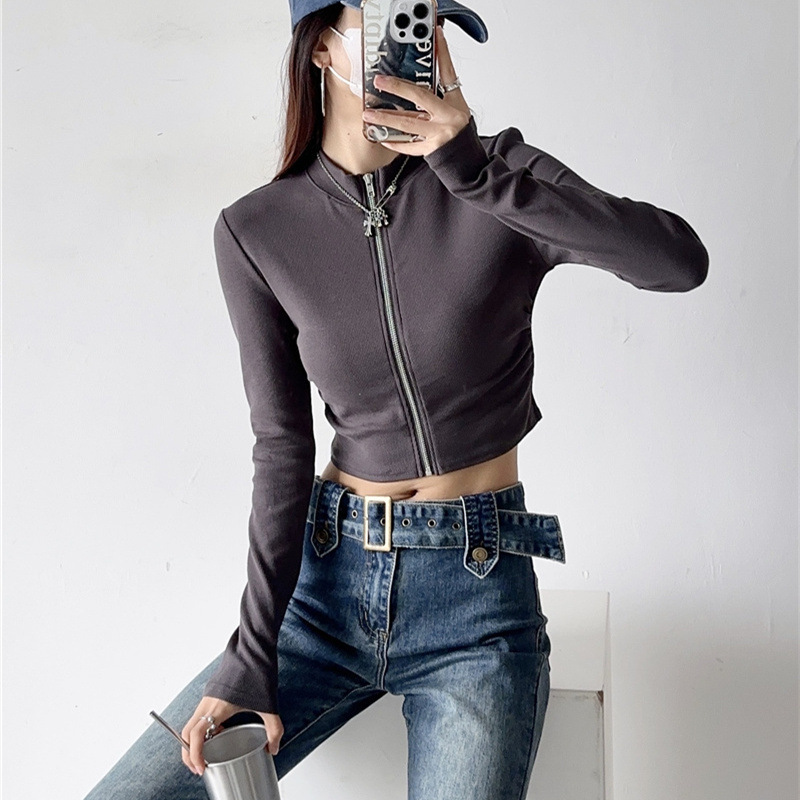 美式复古立领拉链侧边褶皱短款露脐长袖t恤纯色修身辣妹开衫上衣