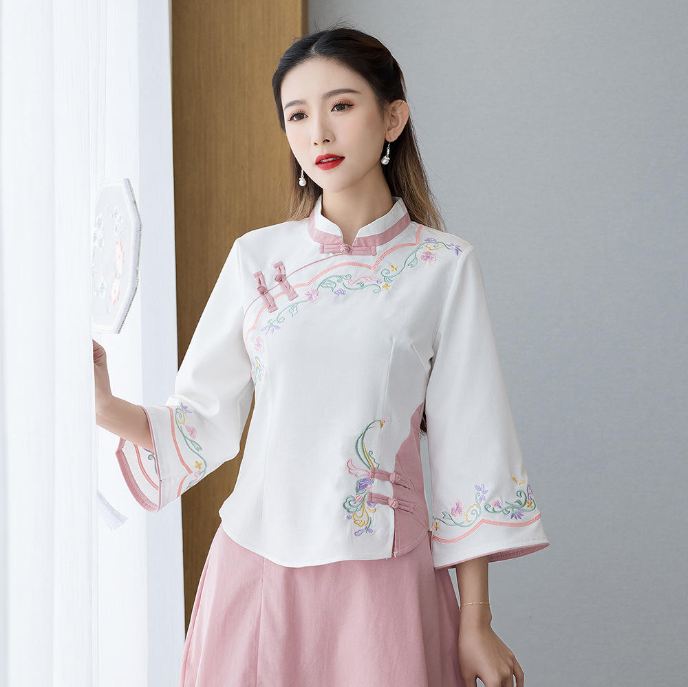 大码显瘦古风民族风胖mm中式棉麻复古改良汉服套装上衣白色款套裙