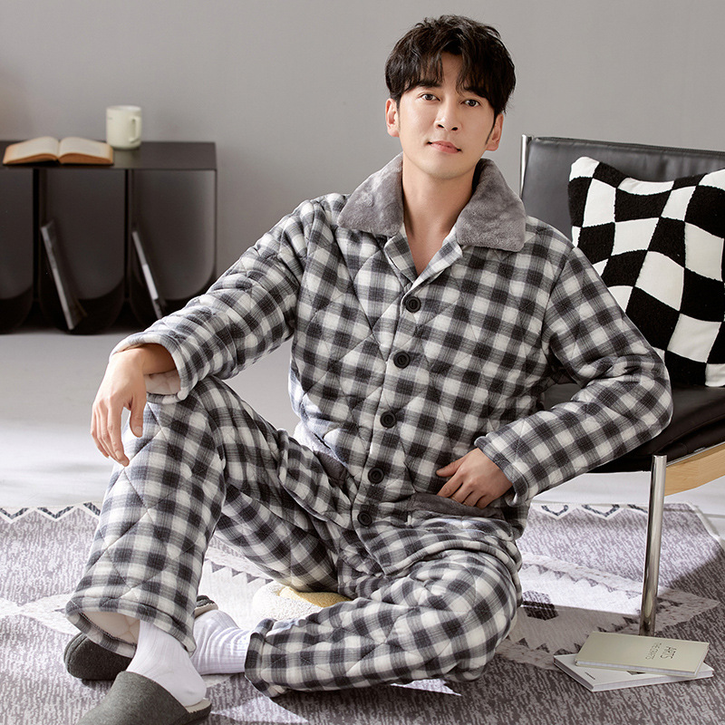 加绒保暖家居服2023新款秋冬季睡衣男士三层牛奶丝针织夹棉冬天rr
