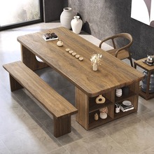 实木长条泡茶桌家用客厅学习桌带书架简约会议桌实木茶桌办公桌子