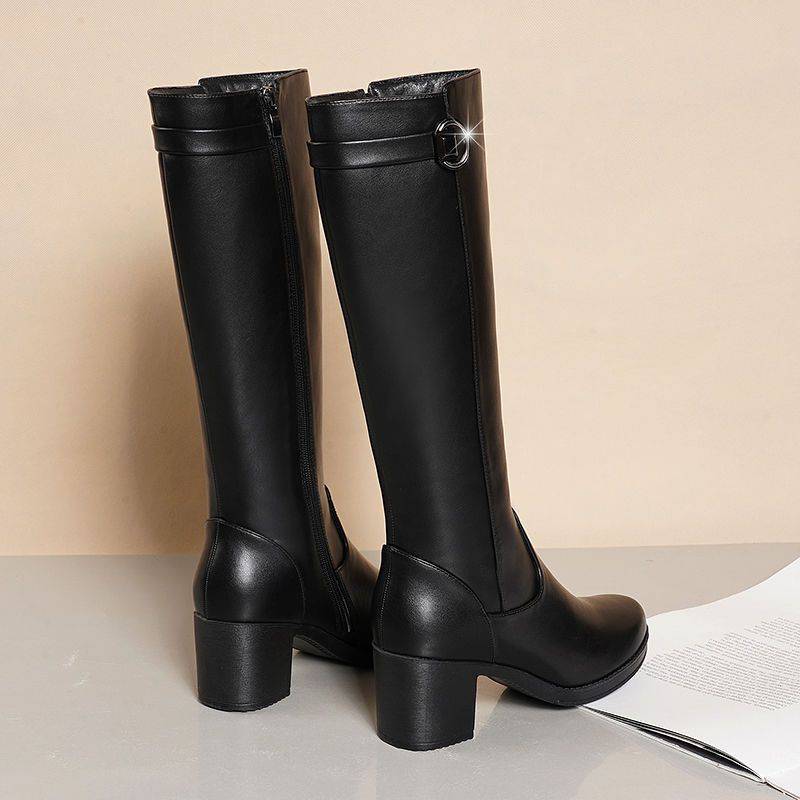 长靴女2022冬季新款中跟高跟骑士靴圆头不过膝加绒皮靴-阿里巴巴