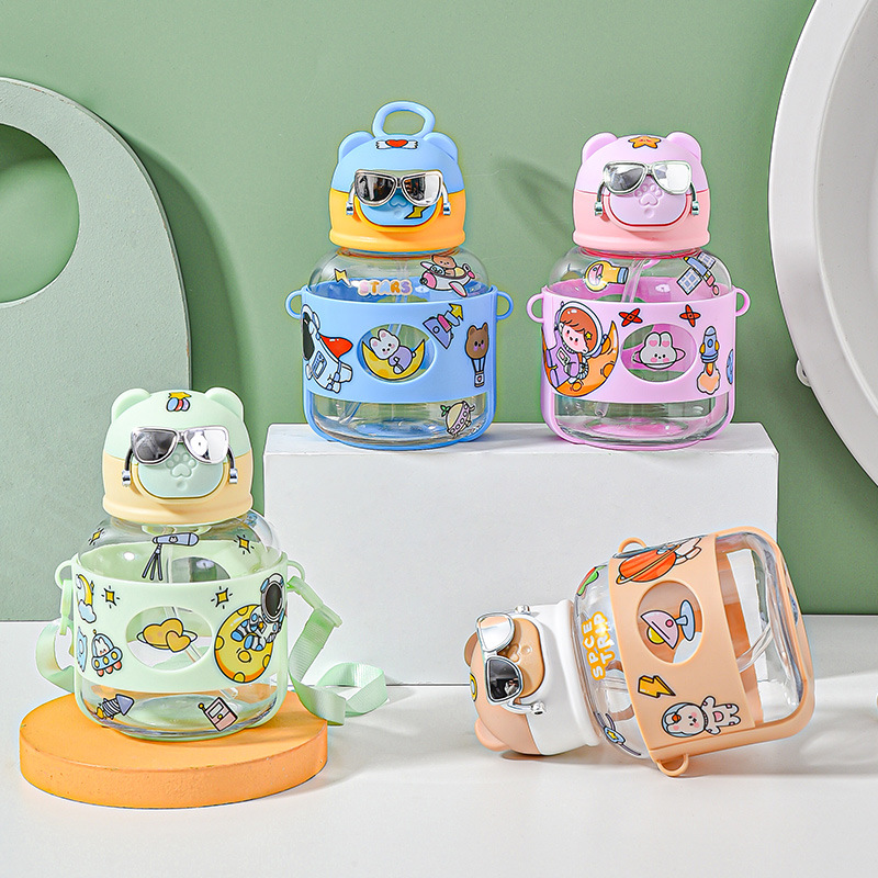 Cup Chuanggao Look Cool Electroplating Glasses Cartoon Plastic Cup Children Go out Portable and Cute Strap Straw Kettle