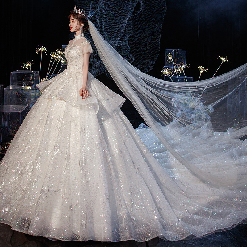 重工婚纱星空主轻婚纱2022新款新娘高领法式重工立领大拖尾宫