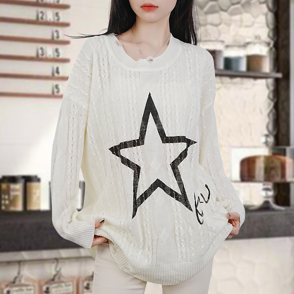 毛衣女款2024春夏季新款设计慵懒宽松别致绝美五角星印花针织上衣