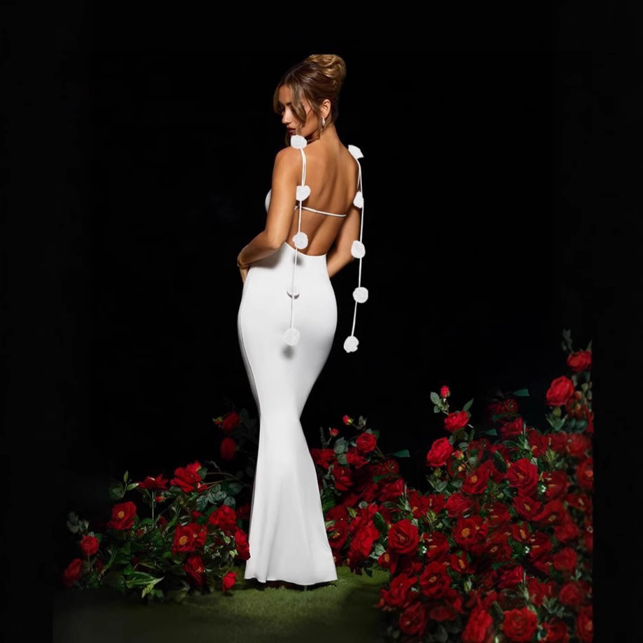 2025年新款欧美跨境爆款女装性感晚礼服露背肩带立体花朵装饰吊带