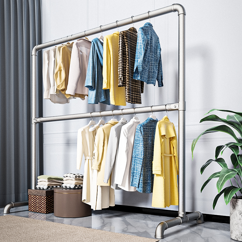 钢管晾衣架落地家用阳台户外双层卧室挂衣服简易晒被子凉衣杆以信