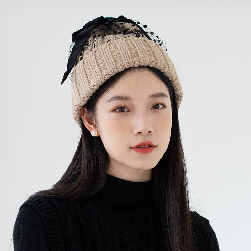 疯帽子 韩版时尚网纱毛线帽子女 逛街保暖波点蝴蝶结针织帽冬