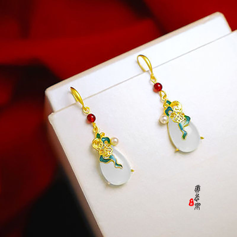 汉服耳饰中国风古典白玉耳环复古金镶玉景泰蓝祥云水滴耳坠古风