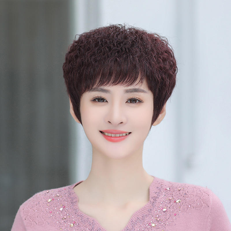 假发女短发时尚玉米烫短卷发全头套女士中老年妈妈真人发头套