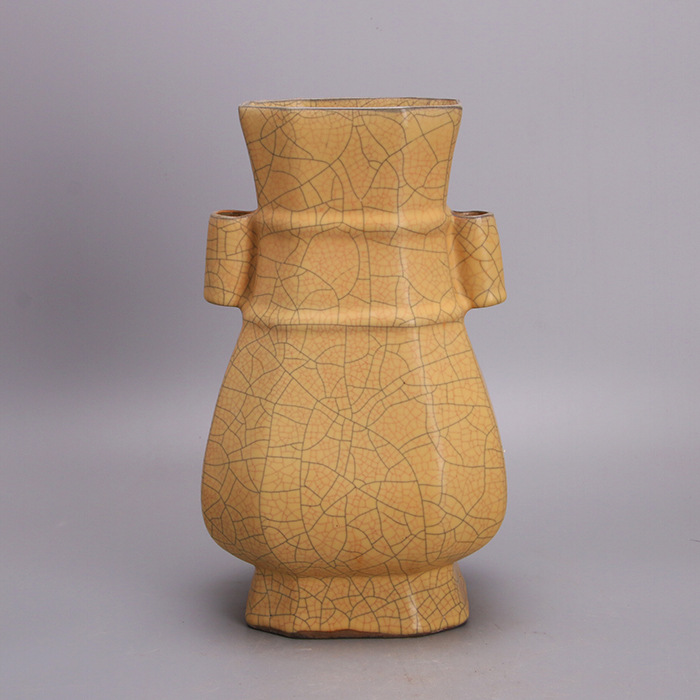 宋哥窑黄釉开片大贯耳方形扁瓶 仿古做旧瓷器 古玩古董收藏摆件品