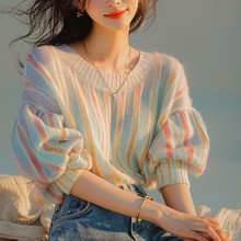 小香风彩色条纹针织短袖恤女夏韩系独特别致绝美泡泡袖上衣