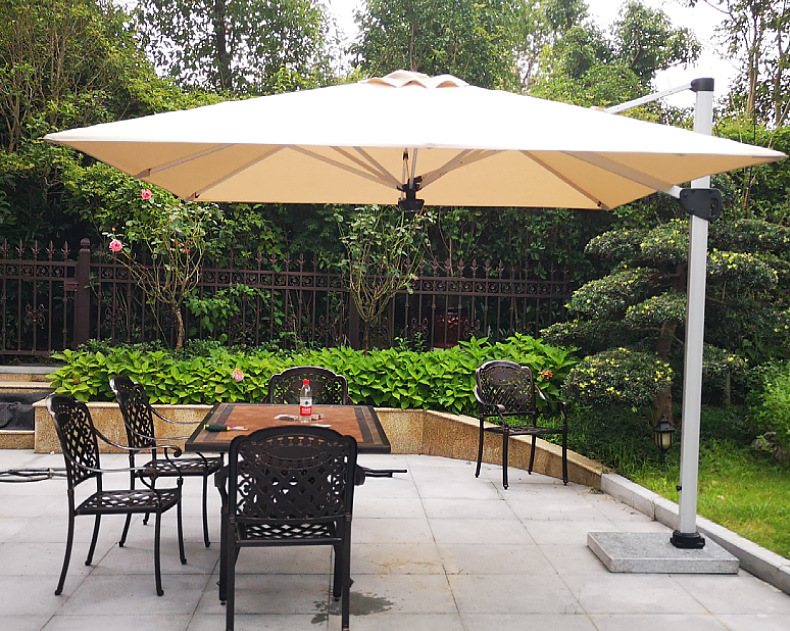 户外太阳伞咖啡店外摆遮阳伞铝合金边柱伞木纹伞庭院伞双层方形伞