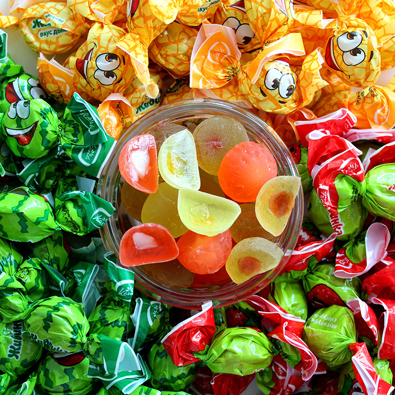 俄罗斯水果爆浆软糖混合糖果网红西瓜夹心糖什锦混装休闲零食硬糖