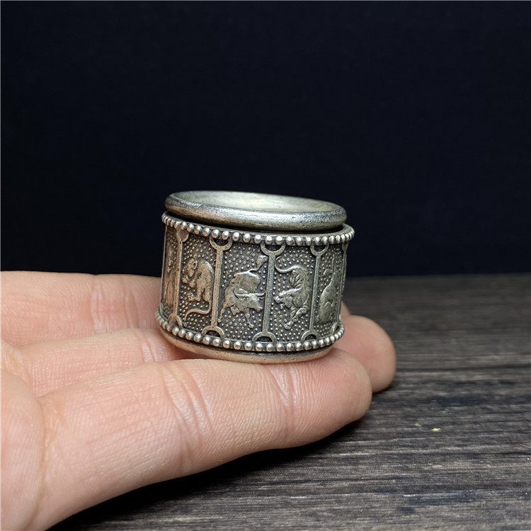 古董镀银戒指老银匠十二生肖纹饰扳指足银可旋转男士指环银饰