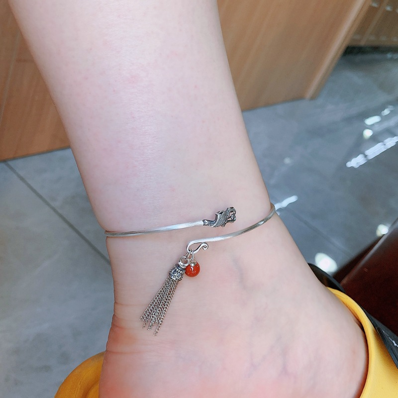 999足银古风南红脚镯复古雕刻花纹流苏吊坠开口可调节银镯子脚环